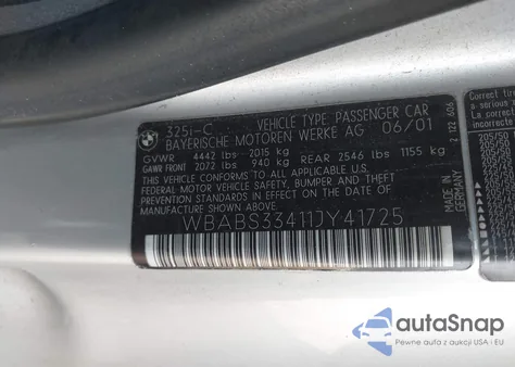 2001 BMW 325Ci from USA, damaged, VIN WBABS33411JY41725